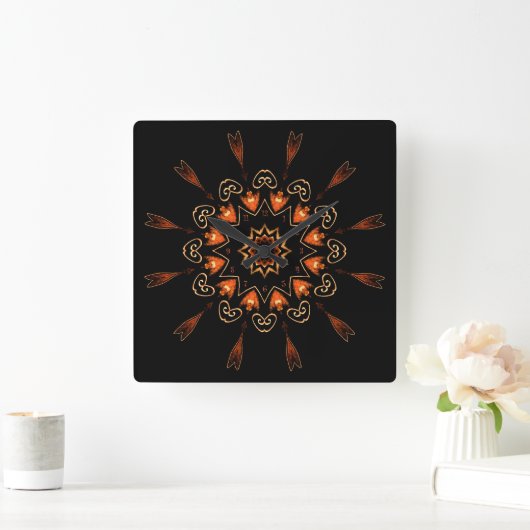 ゴシックオレンジと黒のフィビクトリアンリグリー番号 スクエア壁時計 (ホーム)