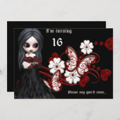 ゴシックガールウィズバタフライスウィート16誕生日 招待状 (正面/裏面)