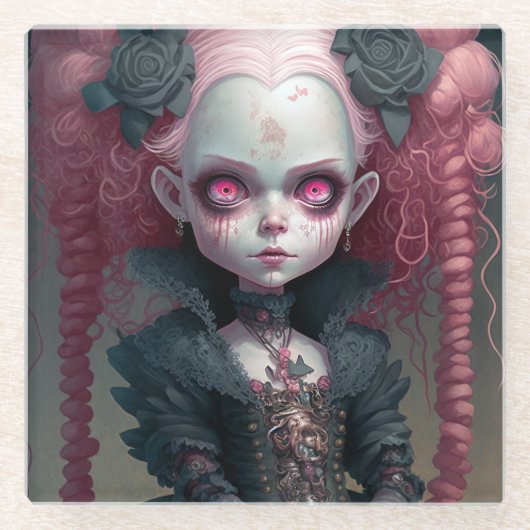 ゴシックガールピンク黒い不気味かわいい ガラスコースター (正面)