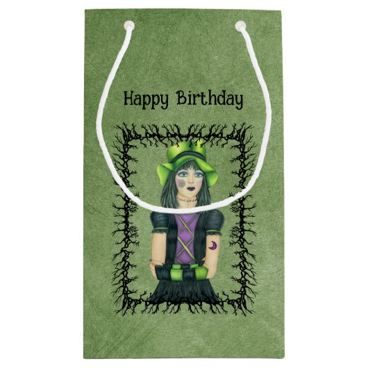 ゴシックガールブラックバーベドブランチフレームグリーン誕生日 スモールペーパーバッグ (裏面)