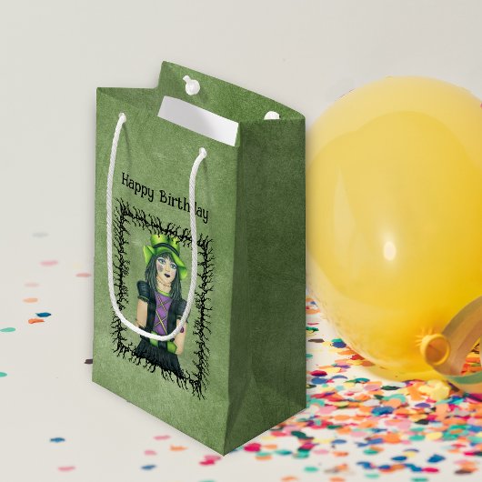 ゴシックガールブラックバーベドブランチフレームグリーン誕生日 スモールペーパーバッグ