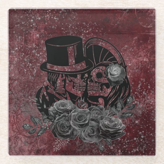 ゴシックキスをするスカルカップルと血の赤の永遠 ガラスコースター (正面)