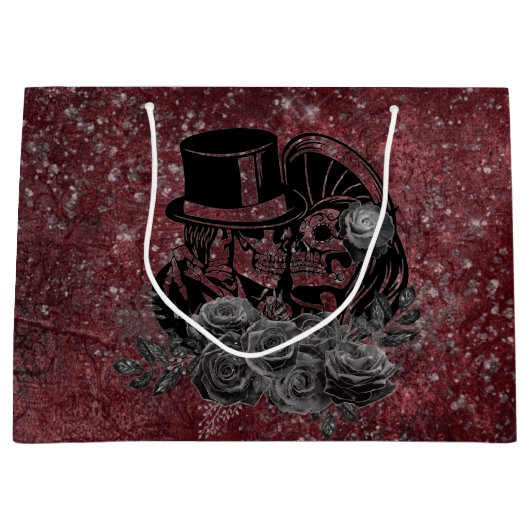 ゴシックキスをするスカルカップルと血の赤の永遠 ラージペーパーバッグ (正面)