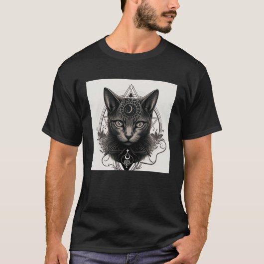 ゴシックキャット(ウィッカ信者とオカルトの記号) Tシャツ (正面)