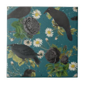 ゴシッククロウズブラックバラ深いティール(緑がかった色)シームレスパターン タイル (正面)