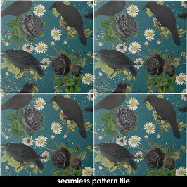 ゴシッククロウズブラックバラ深いティール（緑がかった色）シームレスパターン タイル