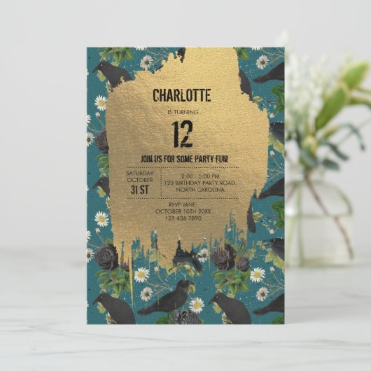 ゴシッククロース&ブラックバラティール(緑がかった色)ハロウィーン誕生日 招待状 (スタンド正面)