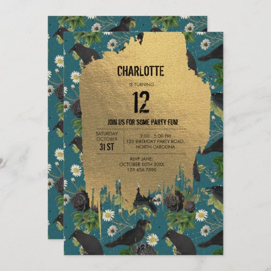 ゴシッククロース&ブラックバラティール（緑がかった色）ハロウィーン誕生日 招待状 (正面/裏面)