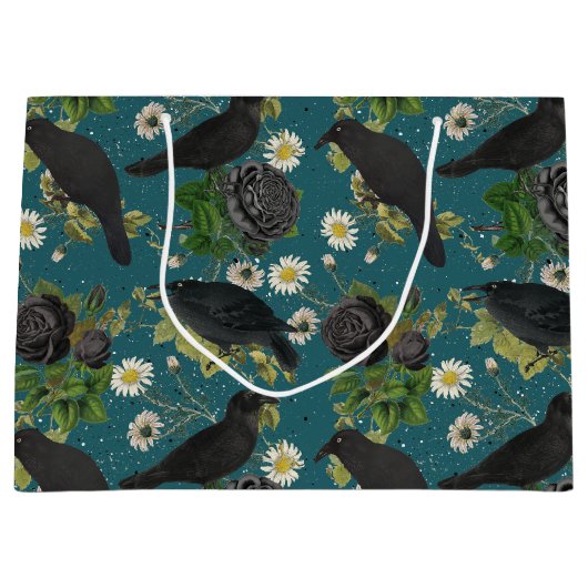 ゴシッククロース&ブラックバラ深いティール(緑がかった色)パターン ラージペーパーバッグ (正面)