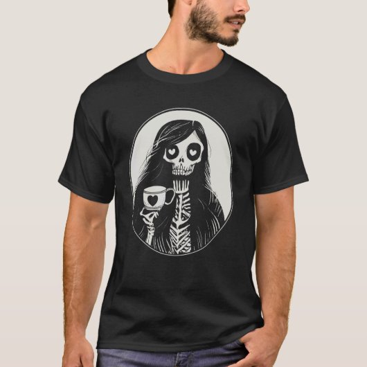ゴシックコーヒー飲みスケルトン女性 Tシャツ (正面)
