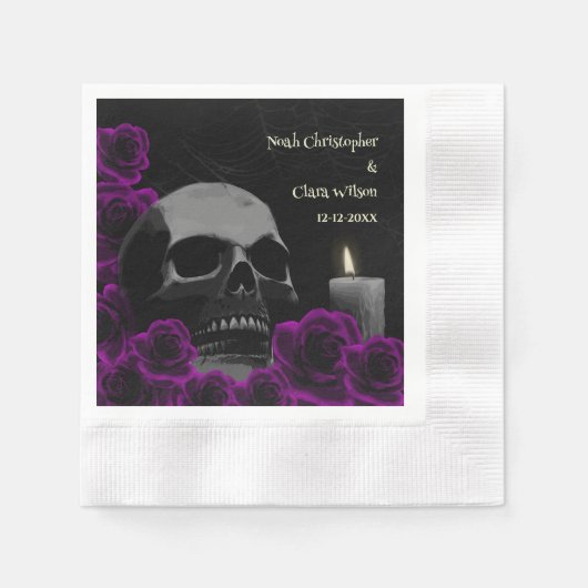 ゴシックスカルとパープルバラハロウィン結婚ズ 縁ありカクテルナプキン (正面)