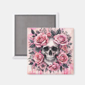 ゴシックスカルとピンクローズウォーターカラーアート マグネット (正面/裏面)