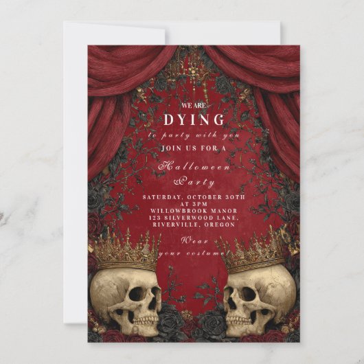 ゴシックスカルとブラックバラハロウィーンお祝い 招待状 (正面)