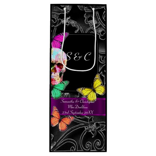 ゴシックスカルとブラックパーソナライズされた結婚ズ ワインギフトバッグ (正面)