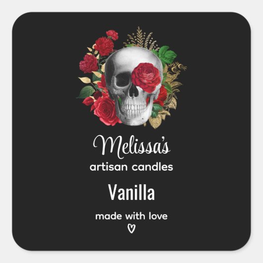 ゴシックスカルとレッドフラワーキャンドルビジネス スクエアシール (正面)