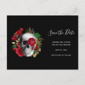 ゴシックスカルとレッドローズ日付を保存 インビテーションポストカード (正面)