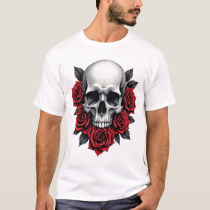 ゴシックスカルとレッドローゼダーク Tシャツ
