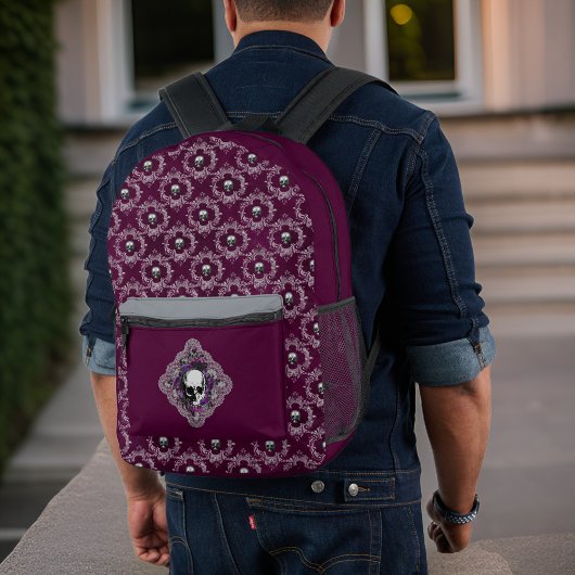 ゴシックスカルとレースダマスクグレーパープルナス プリントバックパック