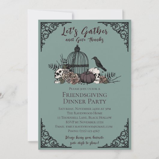 ゴシックスカルと与えバラ感謝してい友好 招待状 (正面)