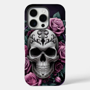 ゴシックスカルと紫バラ iPhone 16 PROケース
