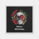 ゴシックスカルと赤い花と金ゴールド葉誕生日 スタンダードカクテルナプキン (正面)