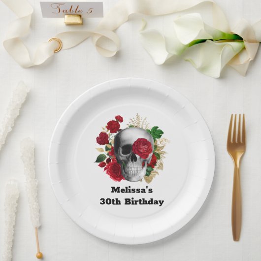 ゴシックスカルと赤い花と金ゴールド葉誕生日 ペーパープレート (ウェディング)