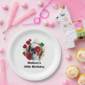 ゴシックスカルと赤い花と金ゴールド葉誕生日 ペーパープレート (パーティー)