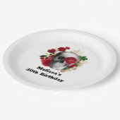 ゴシックスカルと赤い花と金ゴールド葉誕生日 ペーパープレート (アングル)