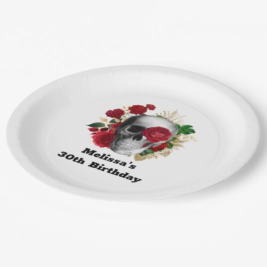 ゴシックスカルと赤い花と金ゴールド葉誕生日 ペーパープレート (アングル)