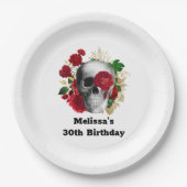 ゴシックスカルと赤い花と金ゴールド葉誕生日 ペーパープレート (正面)