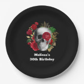 ゴシックスカルと赤い花と金ゴールド葉誕生日 ペーパープレート (正面)