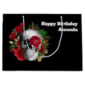 ゴシックスカルと赤い花と金ゴールド葉誕生日 ラージペーパーバッグ (正面)