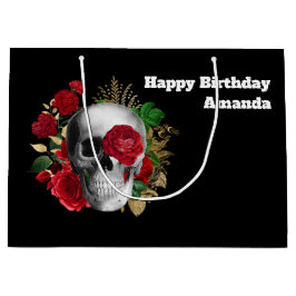 ゴシックスカルと赤い花と金ゴールド葉誕生日 ラージペーパーバッグ