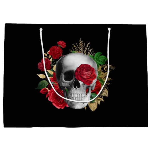 ゴシックスカルと赤い花と金ゴールド葉誕生日 ラージペーパーバッグ (裏面)