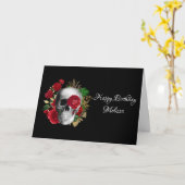 ゴシックスカルと赤い花と金ゴールド葉 カード (黄色い花)