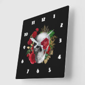 ゴシックスカルと赤い花と金ゴールド葉 スクエア壁時計 (傾斜)
