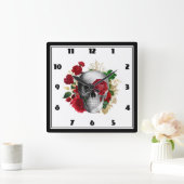 ゴシックスカルと赤い花と金ゴールド葉 スクエア壁時計 (ホーム)