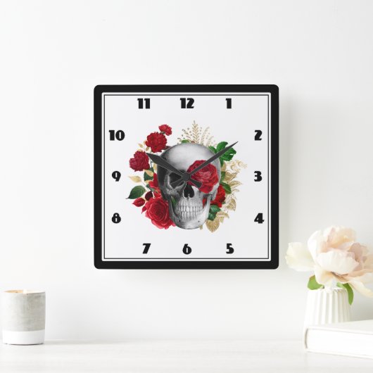 ゴシックスカルと赤い花と金ゴールド葉 スクエア壁時計 (ホーム)