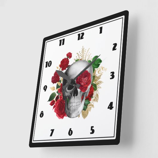 ゴシックスカルと赤い花と金ゴールド葉 スクエア壁時計 (傾斜)