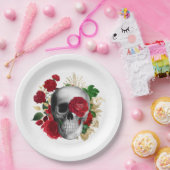 ゴシックスカルと赤い花と金ゴールド葉 ペーパープレート (パーティー)