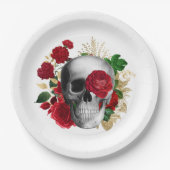 ゴシックスカルと赤い花と金ゴールド葉 ペーパープレート (正面)