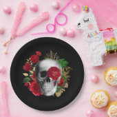 ゴシックスカルと赤い花と金ゴールド葉 ペーパープレート (パーティー)