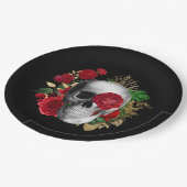 ゴシックスカルと赤い花と金ゴールド葉 ペーパープレート (アングル)