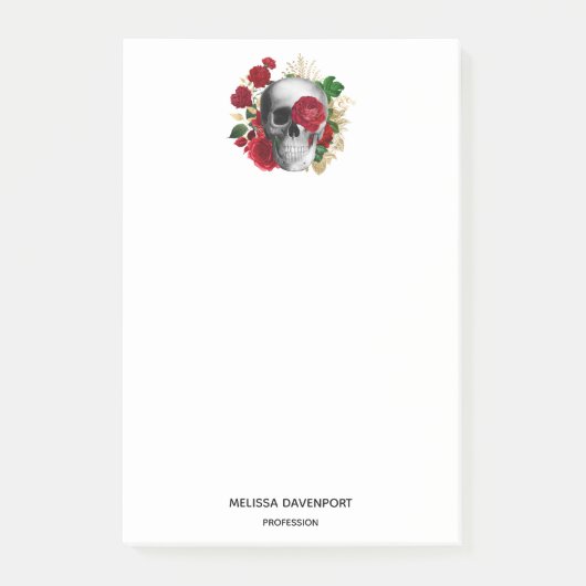 ゴシックスカルと赤い花と金ゴールド葉 ポストイット (正面)