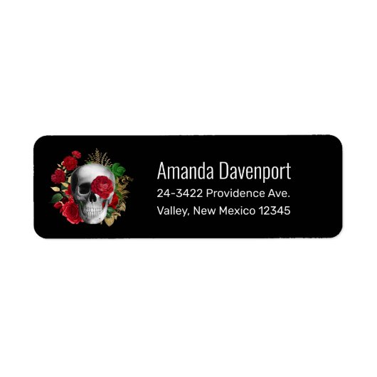 ゴシックスカルと赤い花と金ゴールド葉 ラベル (正面)