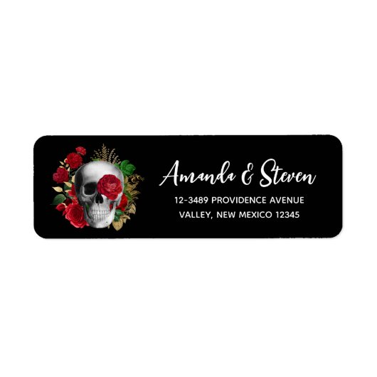 ゴシックスカルと赤い花と金ゴールド葉 ラベル (正面)