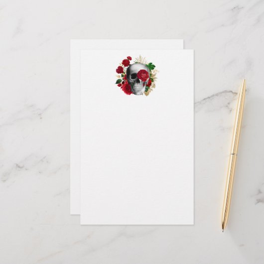 ゴシックスカルと赤い花と金ゴールド葉 便箋 (正面/裏面インサイチュ)