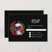 ゴシックスカルと赤い花と金ゴールド葉 出欠カード (正面/裏面)