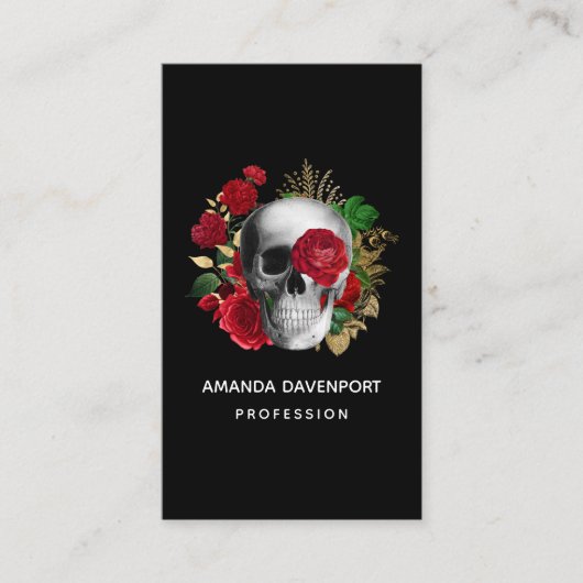 ゴシックスカルと赤い花と金ゴールド葉 名刺 (正面)