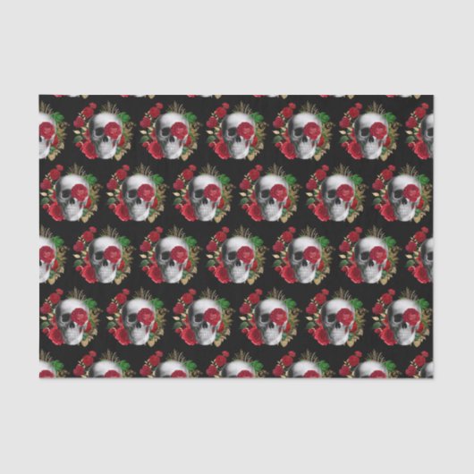 ゴシックスカルと赤い花パターン（の模様が）ある 薄葉紙 (正面)